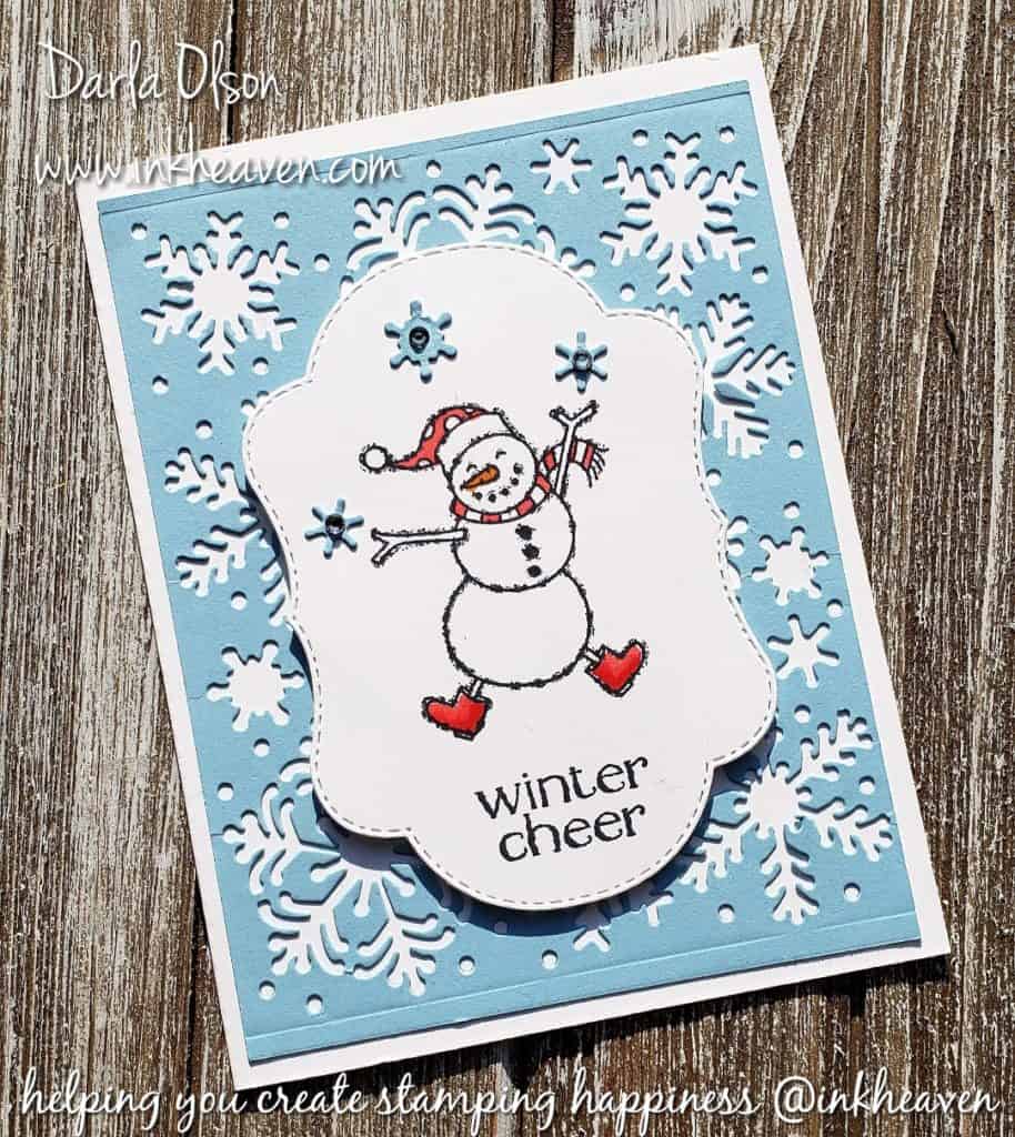 Cute snowman card depicts snowman juggling snowflakes.